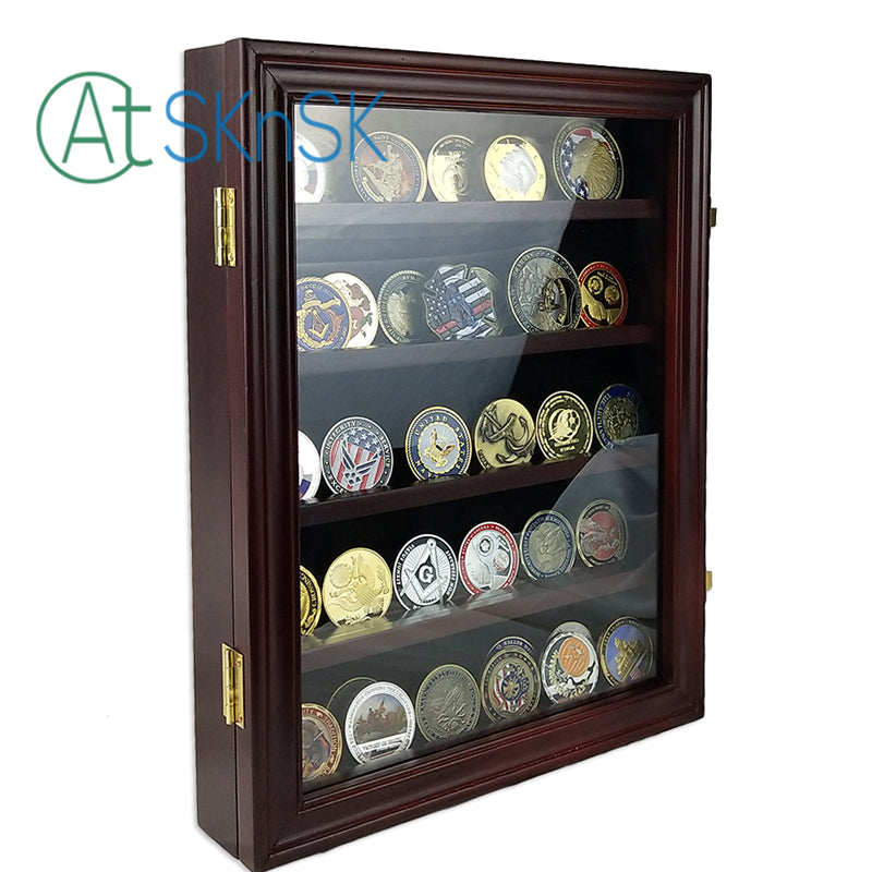 Military Challenge Coin Display Wooden Holder Shadow Box Cherry