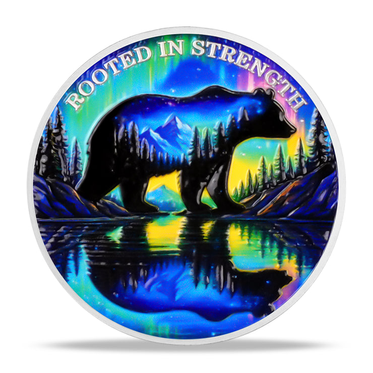 Personalized Rooted in Strength Sobriety Coin – Bear & Aurora Design