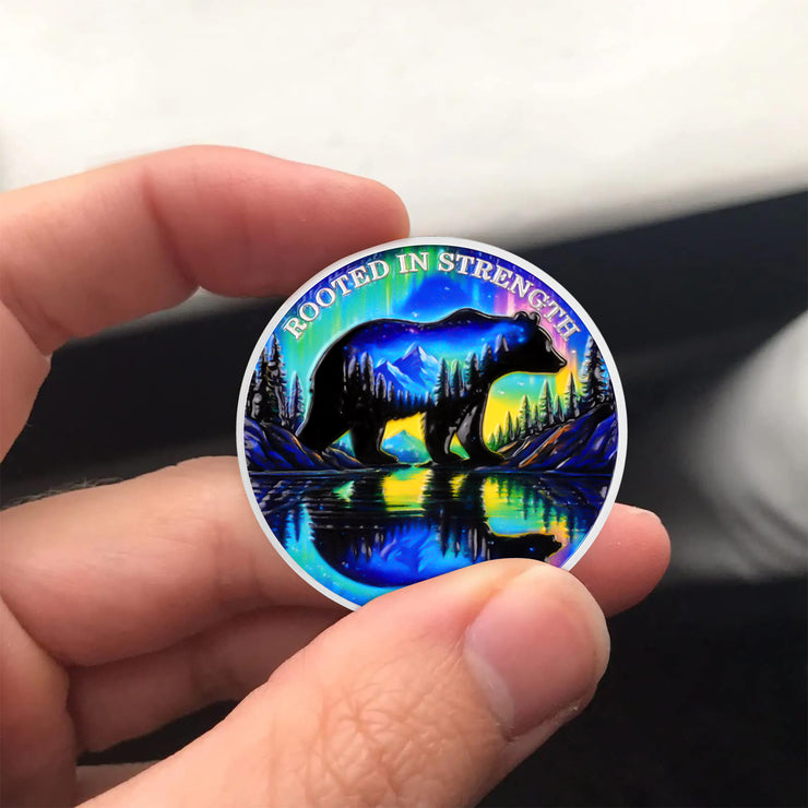 Personalized Rooted in Strength Sobriety Coin – Bear & Aurora Design