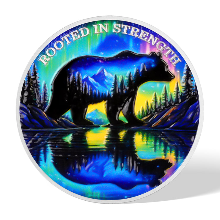 Personalized Rooted in Strength Sobriety Coin – Bear & Aurora Design