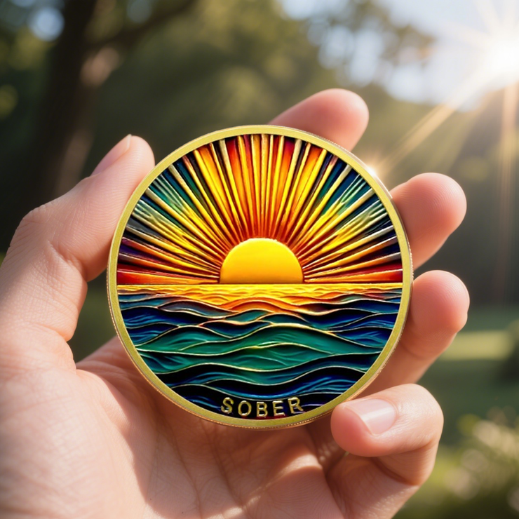 Colourful Sea Gold Sunrise Sobriety Coin