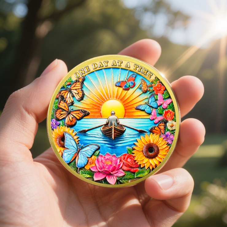 Flower Butterfly and Rising Sun Sobriety Coin