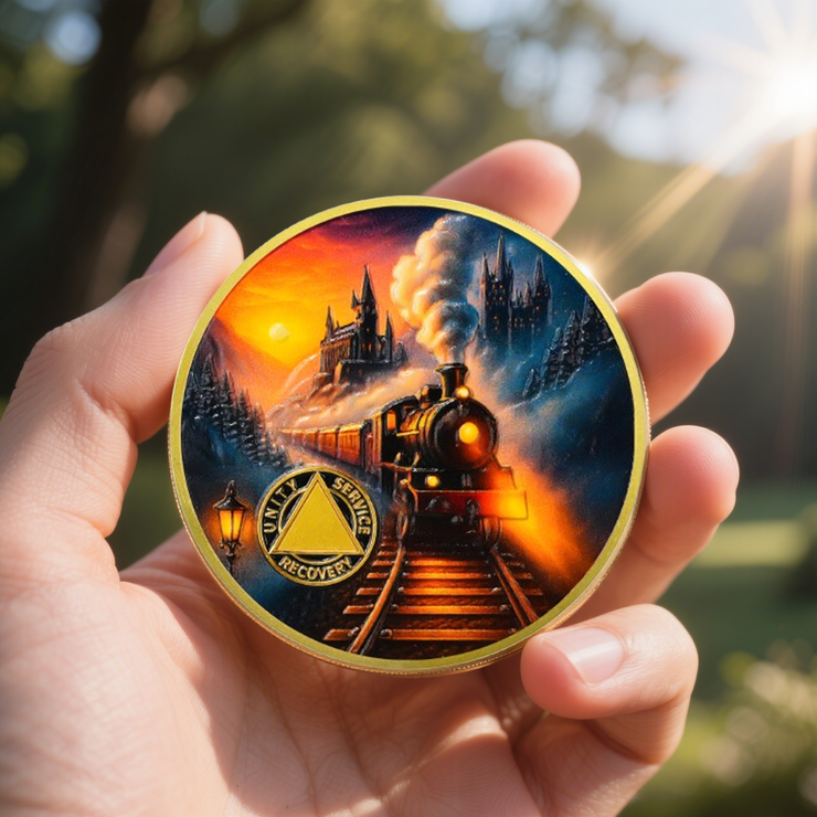 Personalized Embracing Transformation and Awakening Steam Train Sobriety Coin