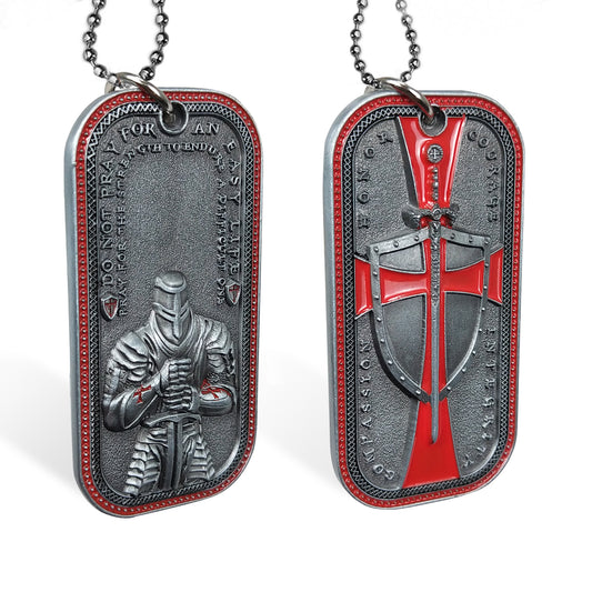 Knights Templar Cross Dog Tag Crusader Sword and Shield Life Creed Necklace