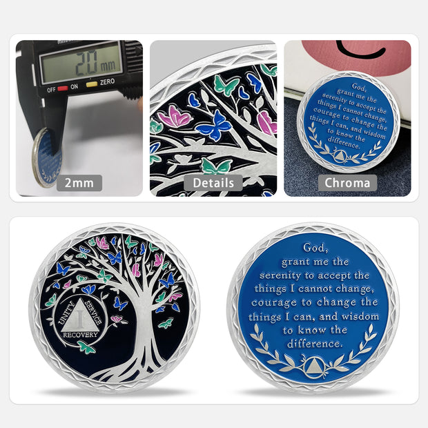 Butterfly Tree 1 Year Recovery Sobriety Coin 3D Sliver AA Medallion Chip