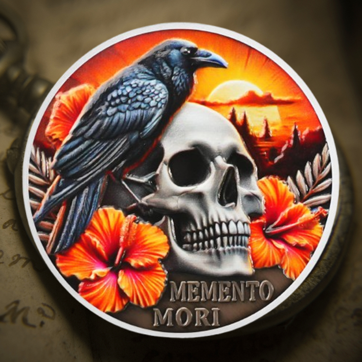 EDC Stoic Reminder Token Sunset & Floral Backgroind Inspiring Life & Death Stoicism Memento Mori Skull Challenge Coins