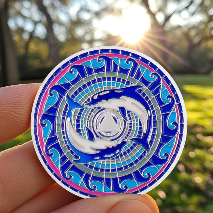 Personalized  Silver Dolphin Lotus Sobriety Coins