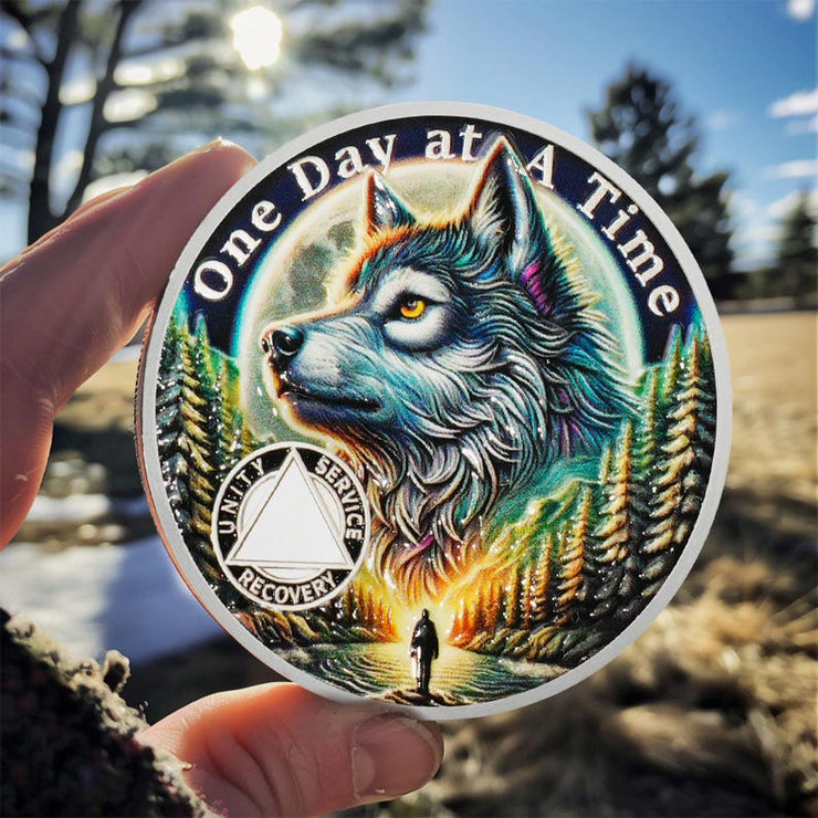 Personalized Recovery Triangle Forest Wolf One Day at a Time Sobriety Coin