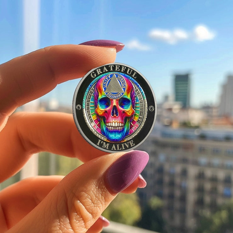 Personalized Rainbow Skull Sobriety Coin