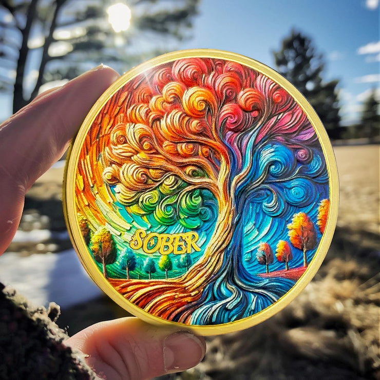 0-10 Year Artsy Oil Painting Recovery Addiction Tree of Life Sobriety Coin