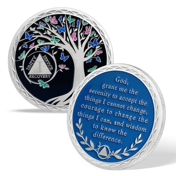 Butterfly Tree 1 Year Recovery Sobriety Coin 3D Sliver AA Medallion Chip