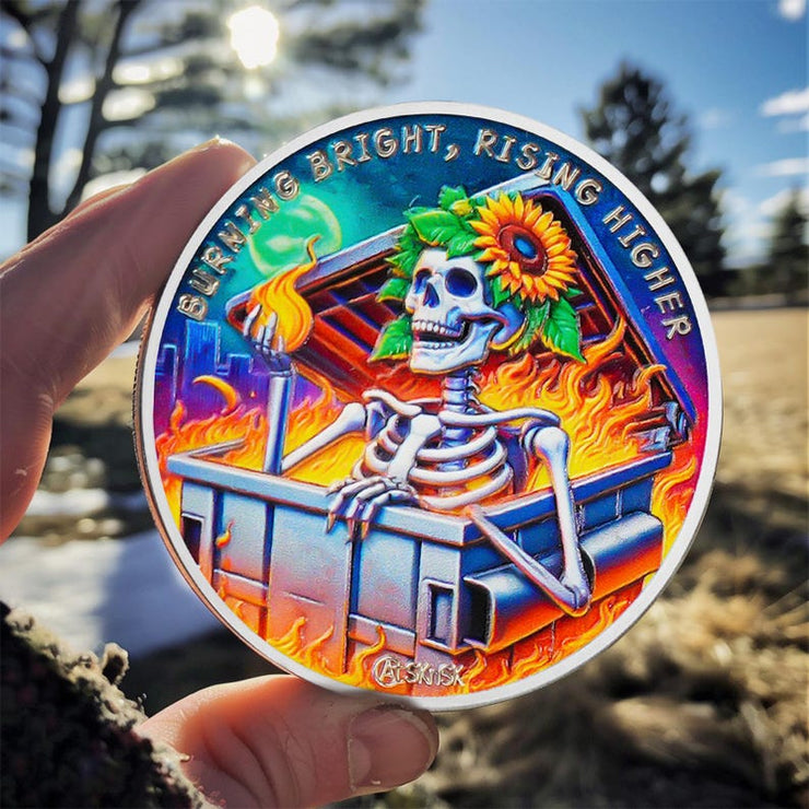 Personalized Reborn in Fire Sunflower Skeleton Sobriety Coin