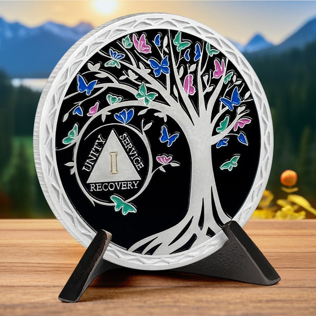 Butterfly Tree 1 Year Recovery Sobriety Coin 3D Sliver AA Medallion Chip