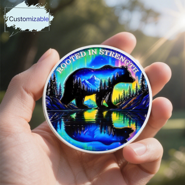 Personalized Rooted in Strength Sobriety Coin – Bear & Aurora Design