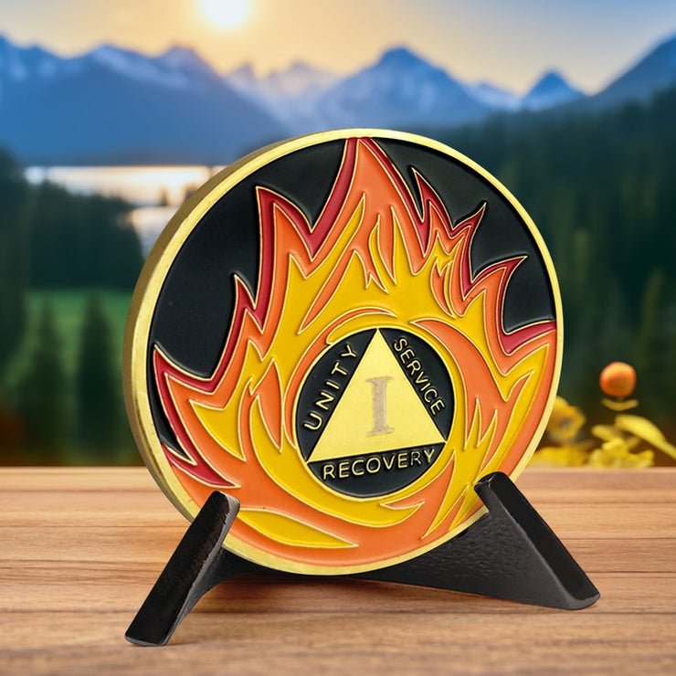 Flames Triangle 1 to 3 Year Recovery Sobriety Coin AA Chip