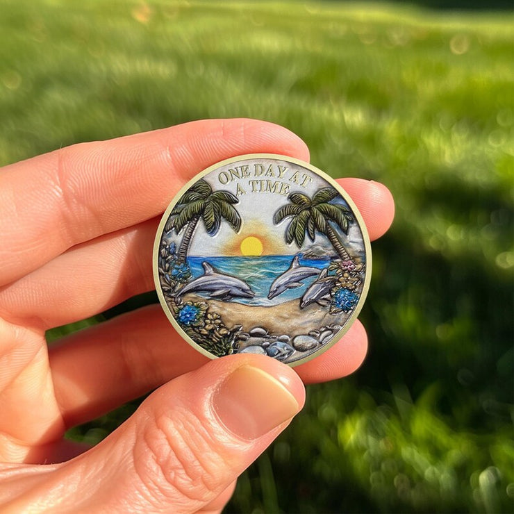 Recovery Addiction Sunset Beach Freedom Dolphins Sobriety Coin