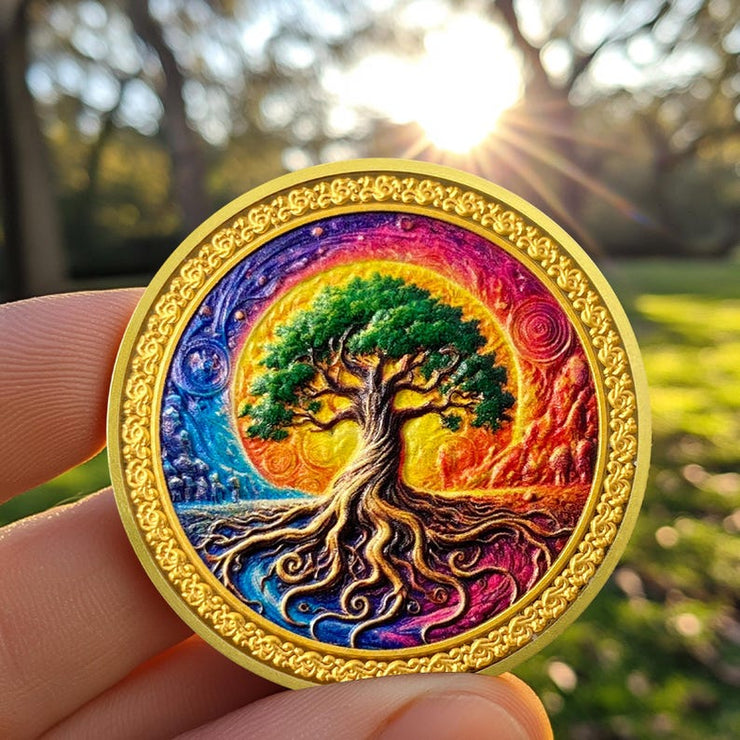Colorful Recovery Sunrise Tree of Life Affirmation AA Sobriety Coin