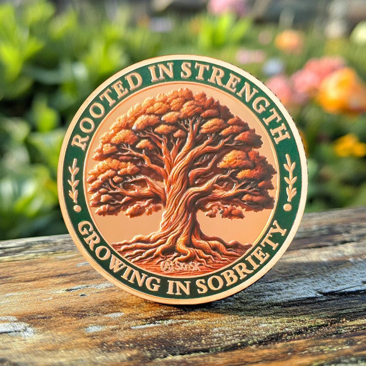 Brown Growing in Sobriety Tree of Life Embrace Change Coin