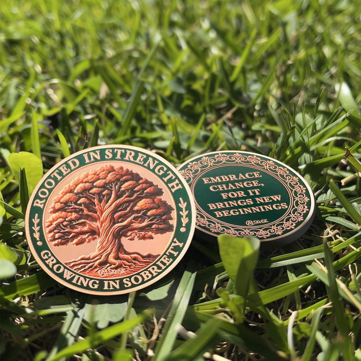 Brown Growing in Sobriety Tree of Life Embrace Change Coin
