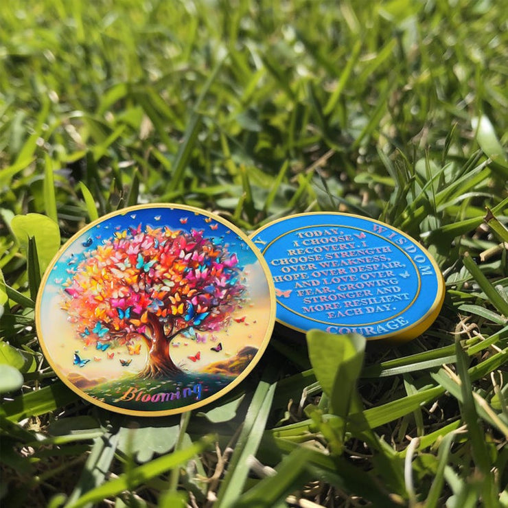 Blooming Tree of Life Colorful Recovery Butterfly Sobriety Coin