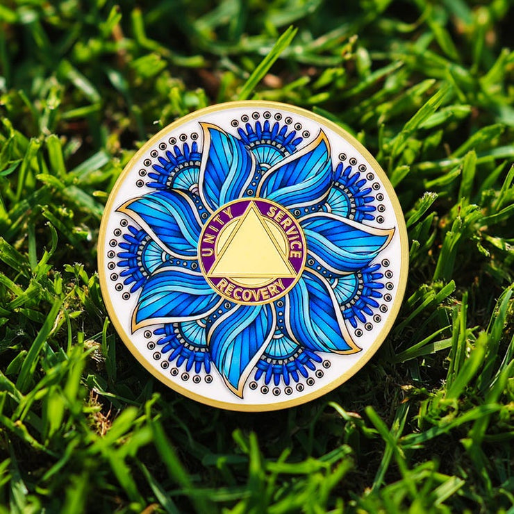 Personalized Recovery & Growth Blue Lotus Sobriety Coin
