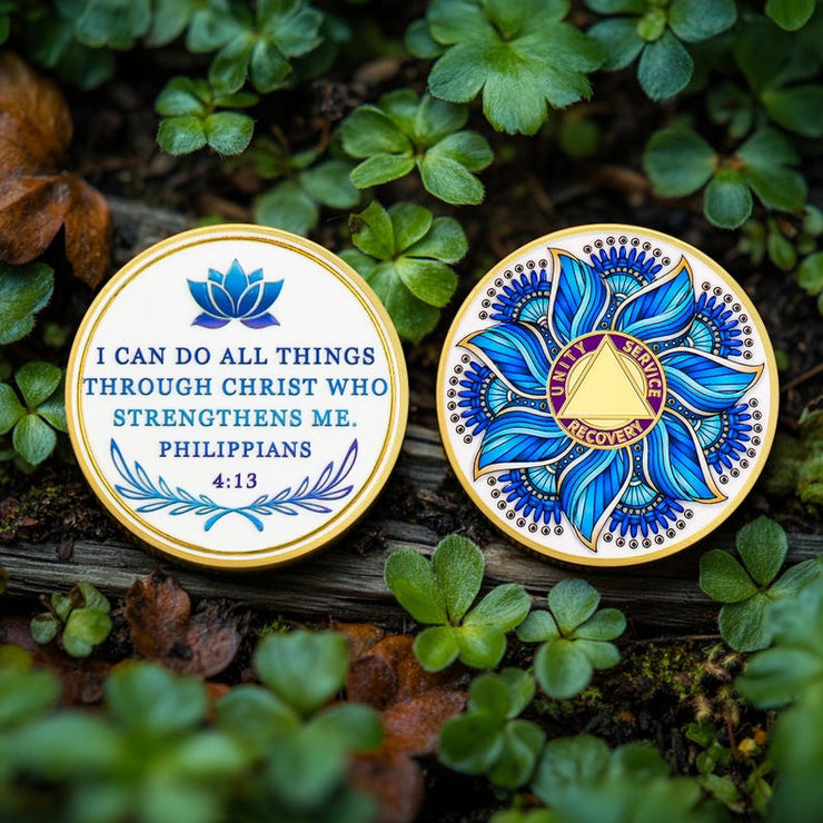 Personalized Recovery & Growth Blue Lotus Sobriety Coin