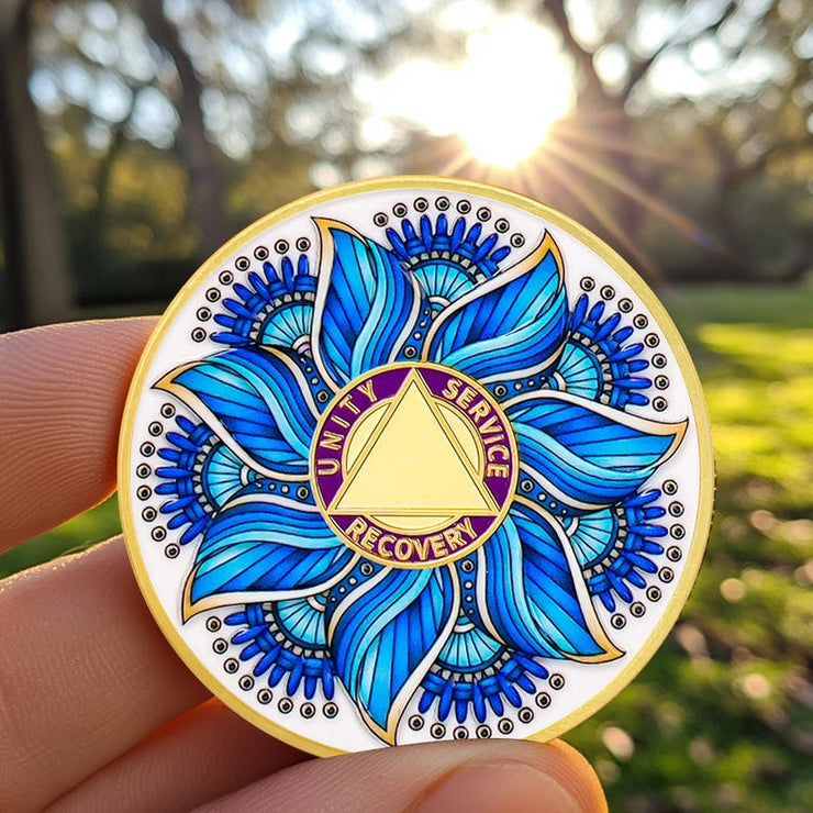 Personalized Recovery & Growth Blue Lotus Sobriety Coin