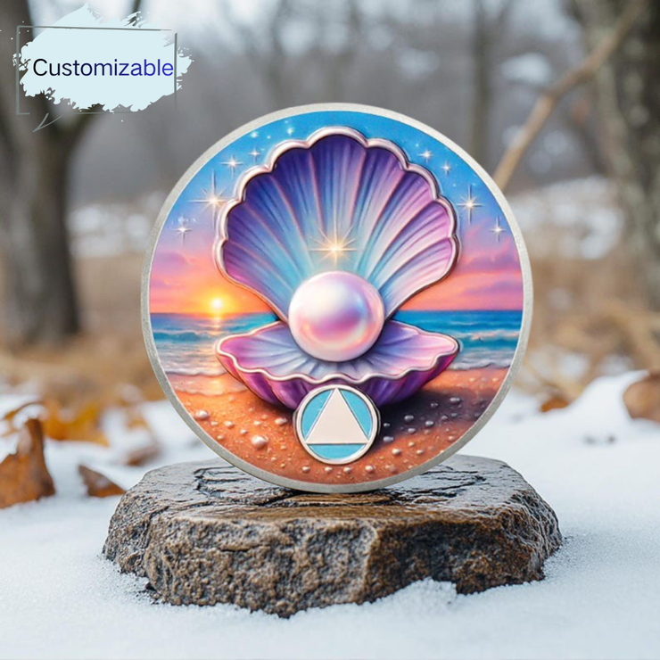 Personalize Purple Shell Pearl Sobriety Coins