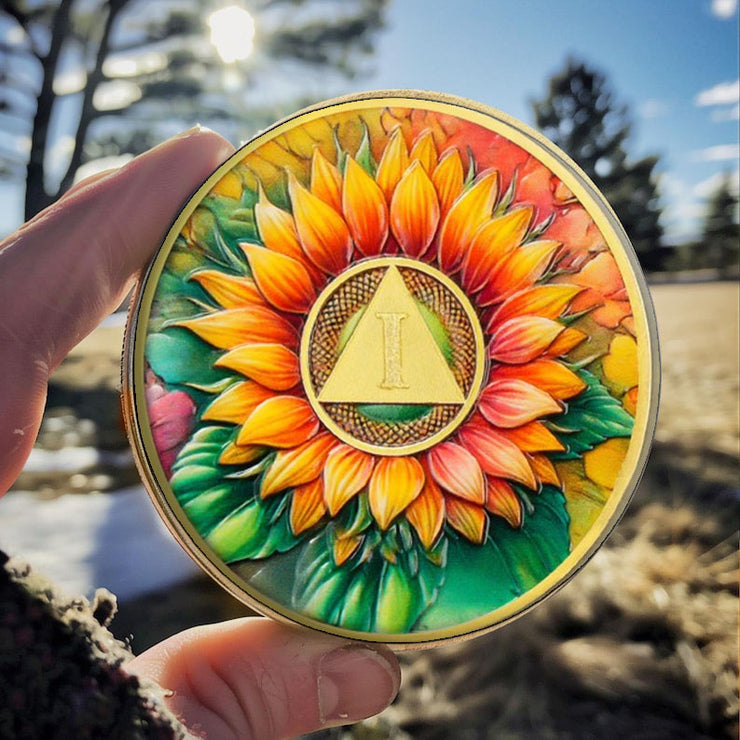 Personalized Sunflower Serenity Prayer Sobriety Coin Challenge Coin