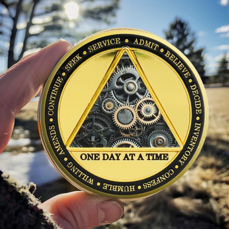 Clock & Gear Design 12 Steps Sobriety Coin