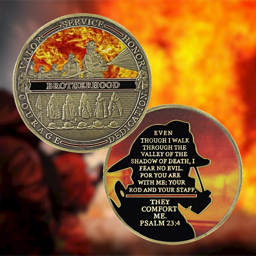 Firefighter Challenge Coin A Thin Red Line Prayer Psalm 23:4 Brotherhood Badge