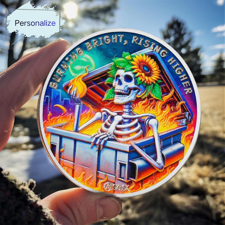 Personalized Reborn in Fire Sunflower Skeleton Sobriety Coin