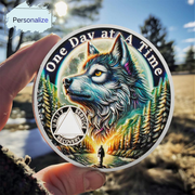 Personalized Recovery Triangle Forest Wolf One Day at a Time Sobriety Coin