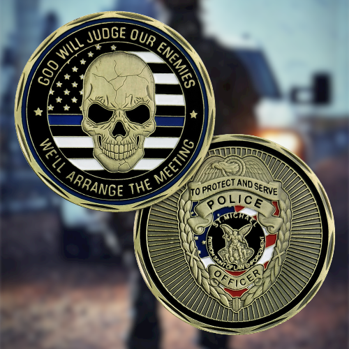 St. Michael Challenge Coin – Thin Blue Line, 4,2x5,0 Cm, 55 G, In Acrylbox