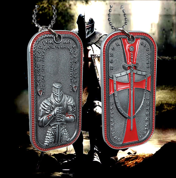 Knights Templar Cross Dog Tag Crusader Sword and Shield Life Creed Necklace