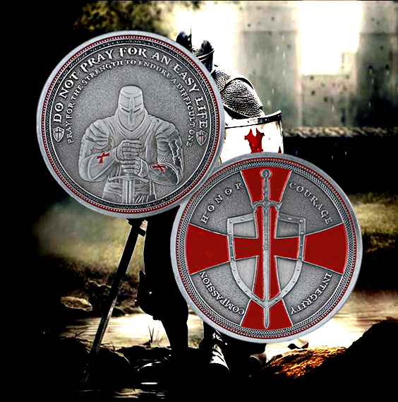 Knights Templar Cross Challenge Coin Crusader Sword and Shield Life Creed Token