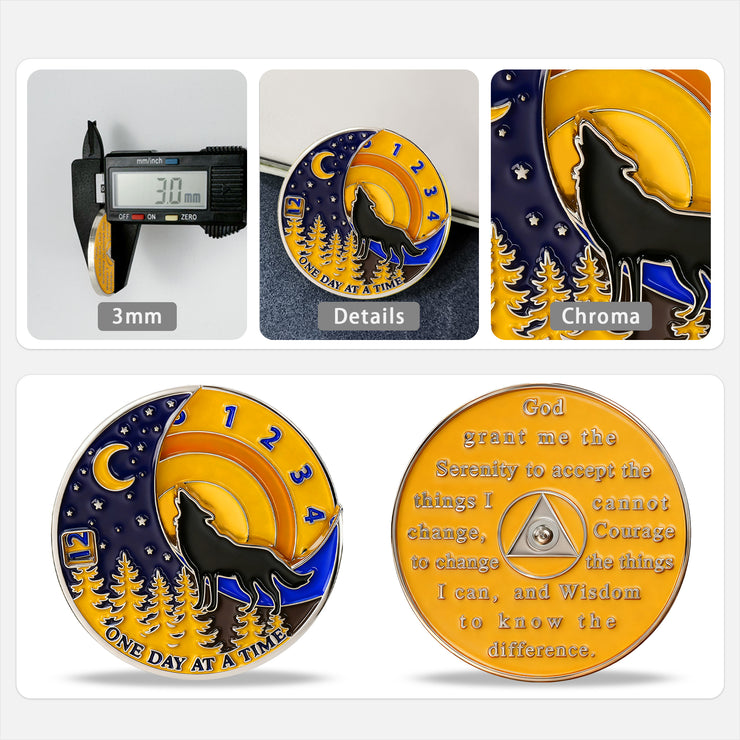 3D Embrace Courage with the Moon Wolf Recovery Sobriety Coin
