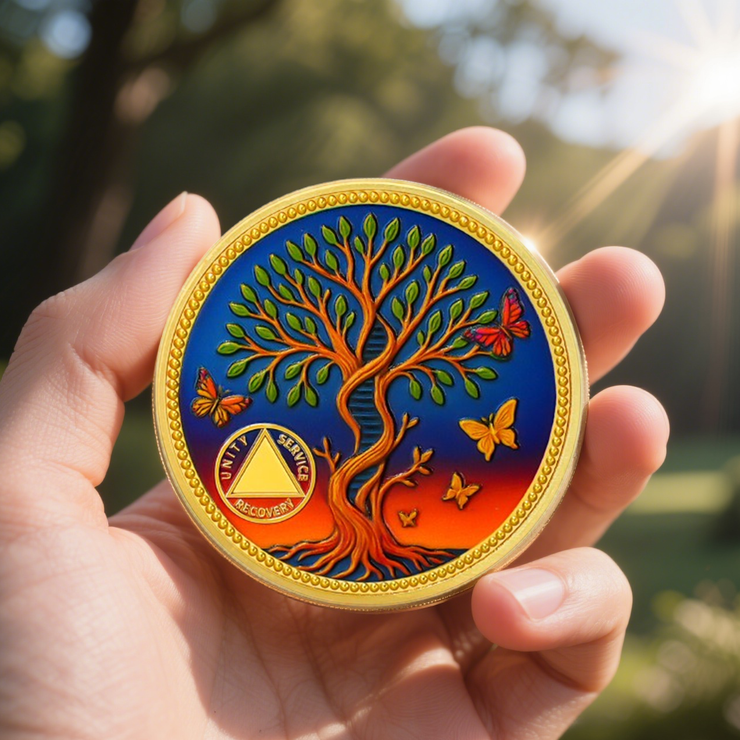 Pesonalized Tree of Life & Butterflies Sobriety Coin