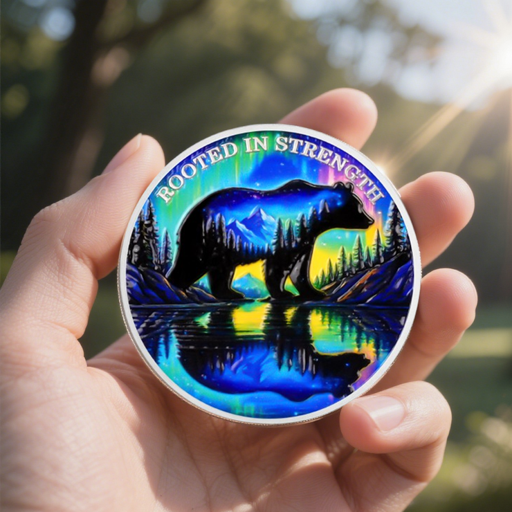 Personalized Rooted in Strength Sobriety Coin – Bear & Aurora Design