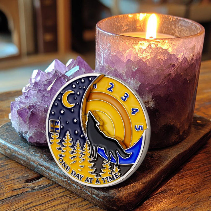 3D Embrace Courage with the Moon Wolf Recovery Sobriety Coin
