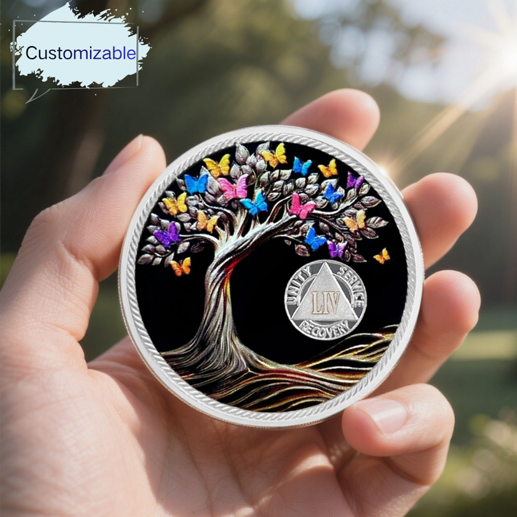 Personalized Delicate Recovery Butterfly Tree of Life Sobriety Coin