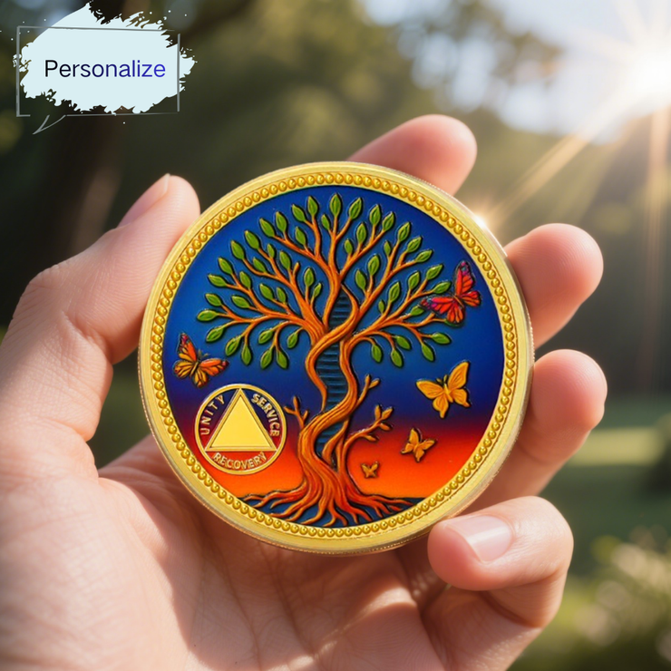 Pesonalized Tree of Life & Butterflies Sobriety Coin