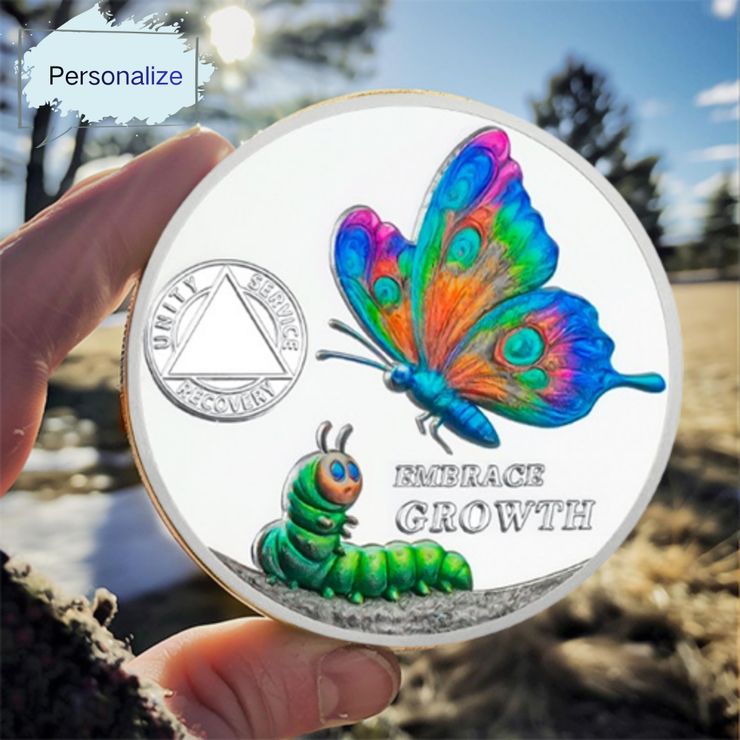 Personalized Cocoon to Butterfly Embrace Growth Sobriety Coin