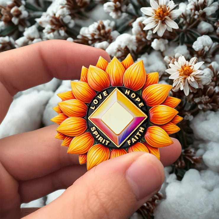 Personalized Sunflower Recovery Medallion Sobriety Coin with Serenity Message Love, Hope, Spirit & Faith Token Just for Today