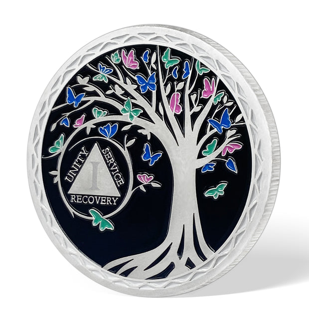 Butterfly Tree 1 Year Recovery Sobriety Coin 3D Sliver AA Medallion Chip