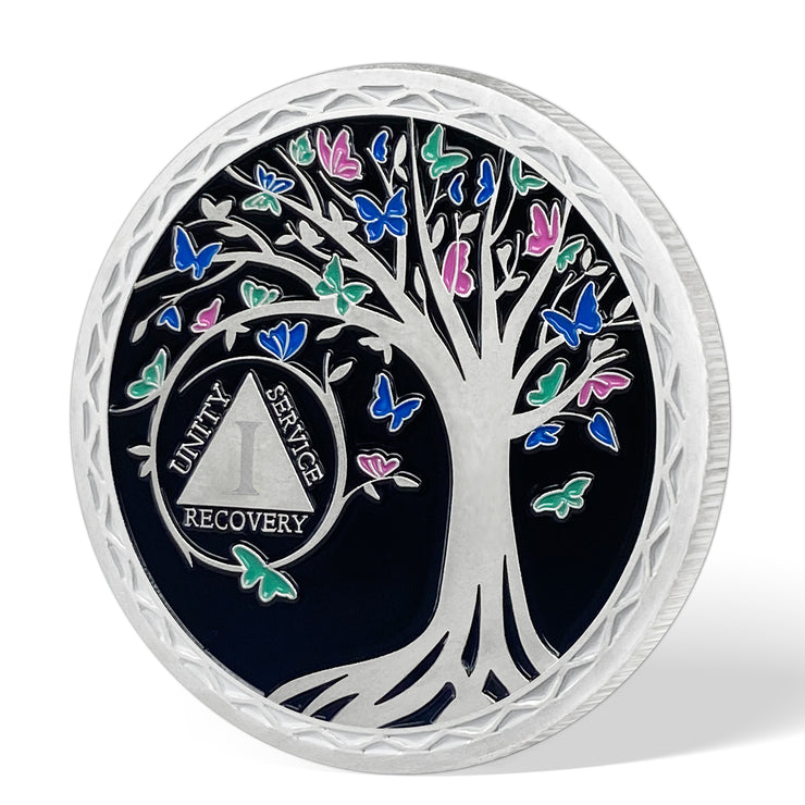 Personalized Butterfly Tree Recovery Sobriety Coin 3D Sliver AA Medallion Chip
