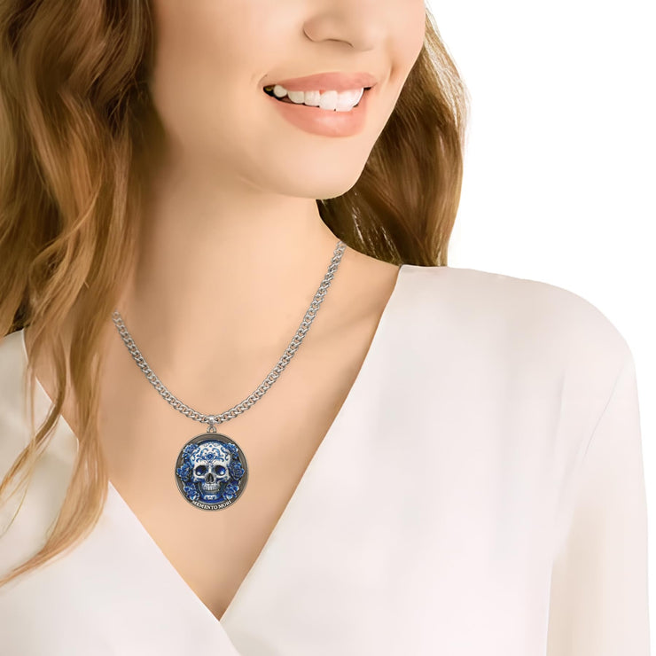 Memento Mori Skeleton Necklace with Blue White Porcelain Skull