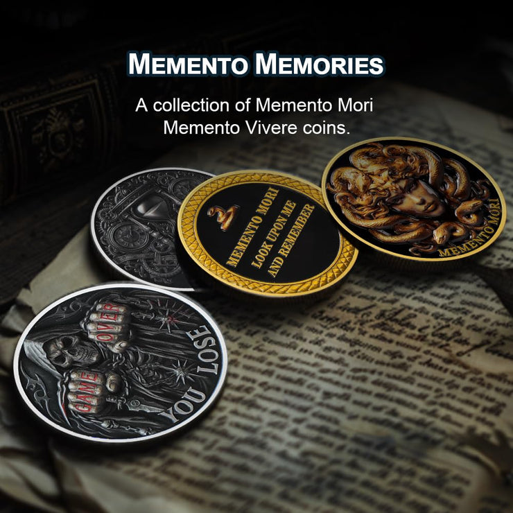 Medusa  Look Upon Me and Remember Memento Mori Skull Challenge Coin