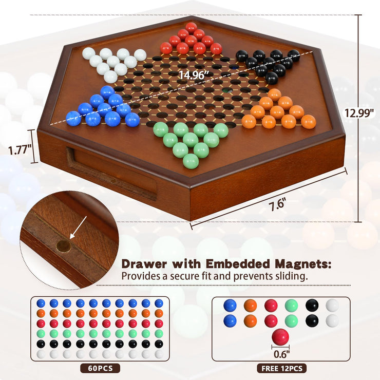 15" Large Upgraded Wooden Chinese Checkers Game Board