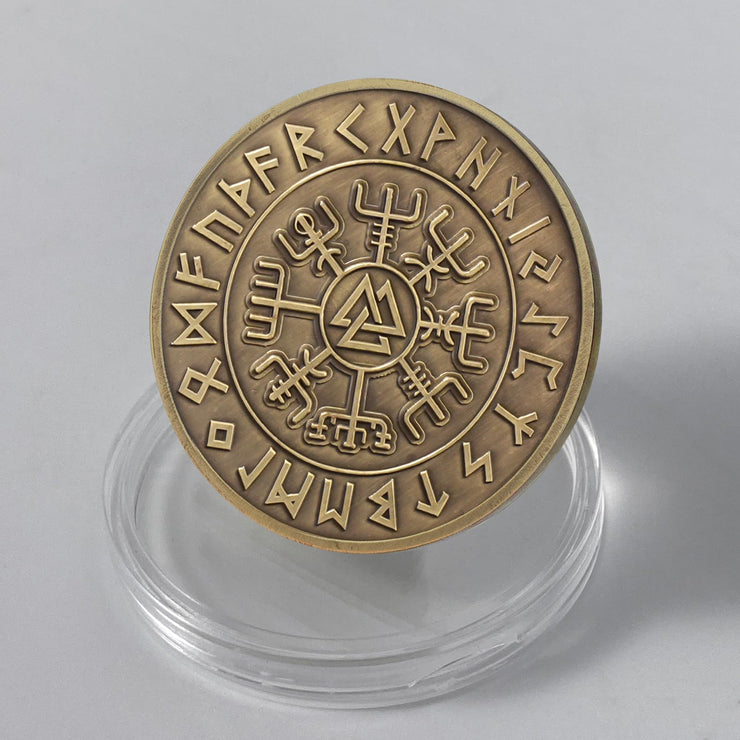 Viking Rune Coin Featuring Odin and Sacred Symbols